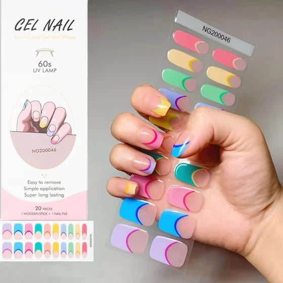 16/18/20 Tips Gel Nail Stickers for UV Lamp – Semi-Cured Gel Nail Wraps, Waterproof & Long Lasting Press-On Nails