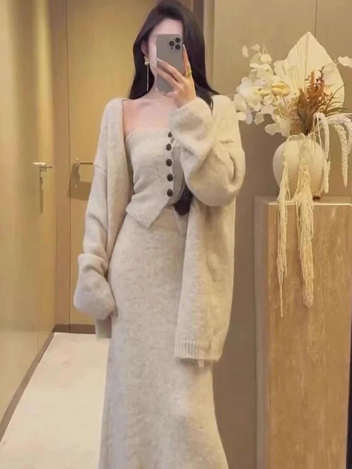 SereneLuxe™ Retro Korean Knitwear Three-Piece Set – Cardigan, Strap Vest & Skirt