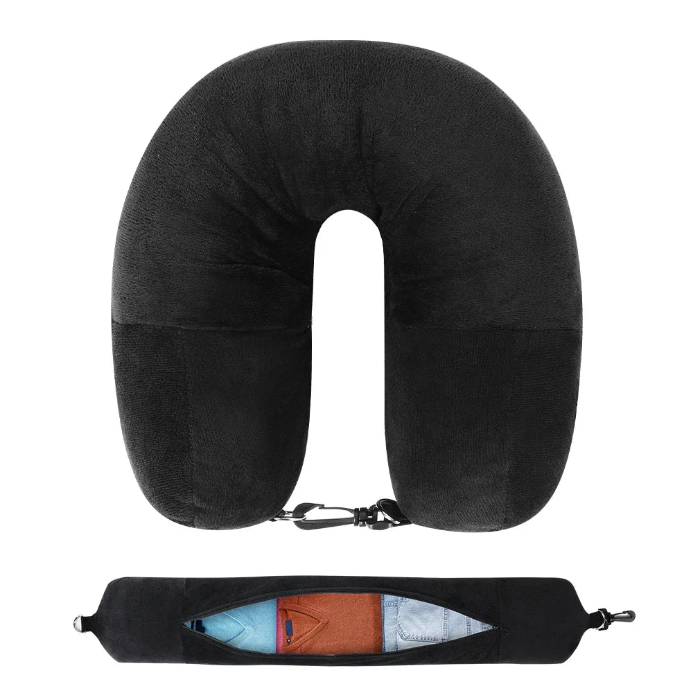 CloudVoyage™ Fillable Travel Neck Pillow – Velvet U-Shaped Comfort with Storag