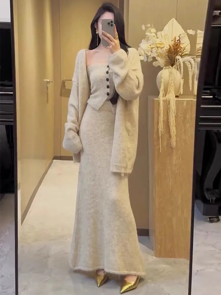 SereneLuxe™ Retro Korean Knitwear Three-Piece Set – Cardigan, Strap Vest & Skirt