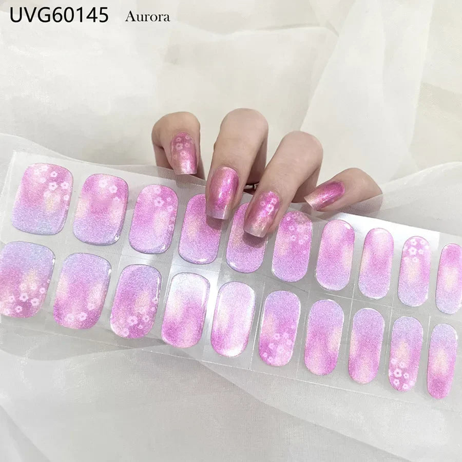 16/18/20 Tips Gel Nail Stickers for UV Lamp – Semi-Cured Gel Nail Wraps, Waterproof & Long Lasting Press-On Nails